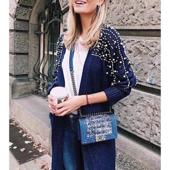 Zara Navy Blue Pearl Long Cardigan Size Small - Picture 8 of 9